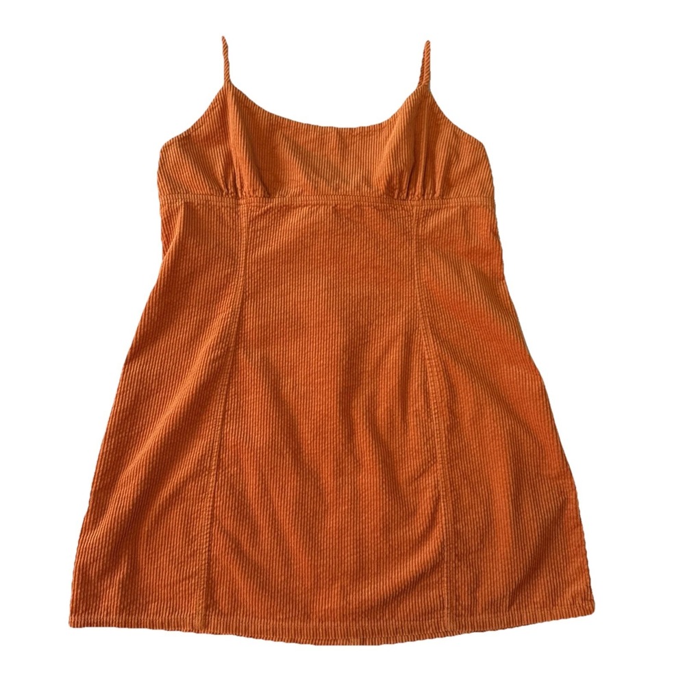 Y2K Orange Corduroy Babydoll Spaghetti Strap Mini Dress L 90s Retro Grunge Boho